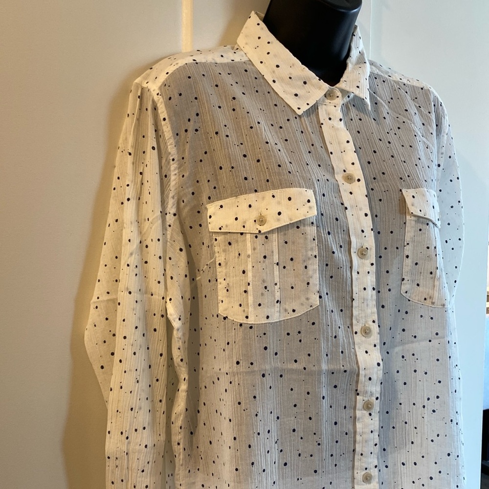 Eddie Bauer womens long sleeve black polka dot sheer top - size L